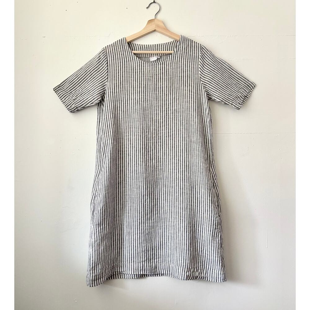 Len.Ok 100% Organic Linen Stripe Shift Dress Lagenlook Boho Cottage Size Small